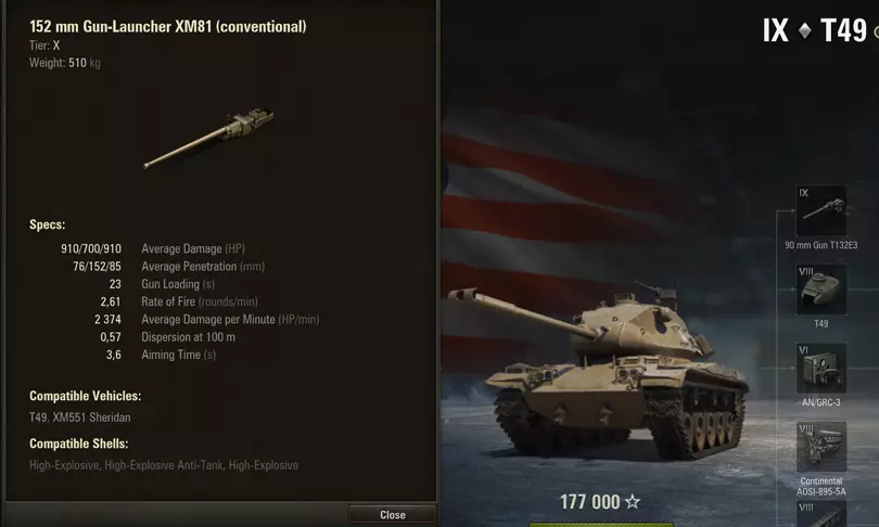 American T49 light tank with a large-caliber howitzer-style gun